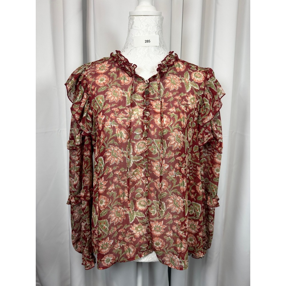 Wonderly Floral Ruffle Long Sleeve Blouse Burgundy Green Boho Top Large